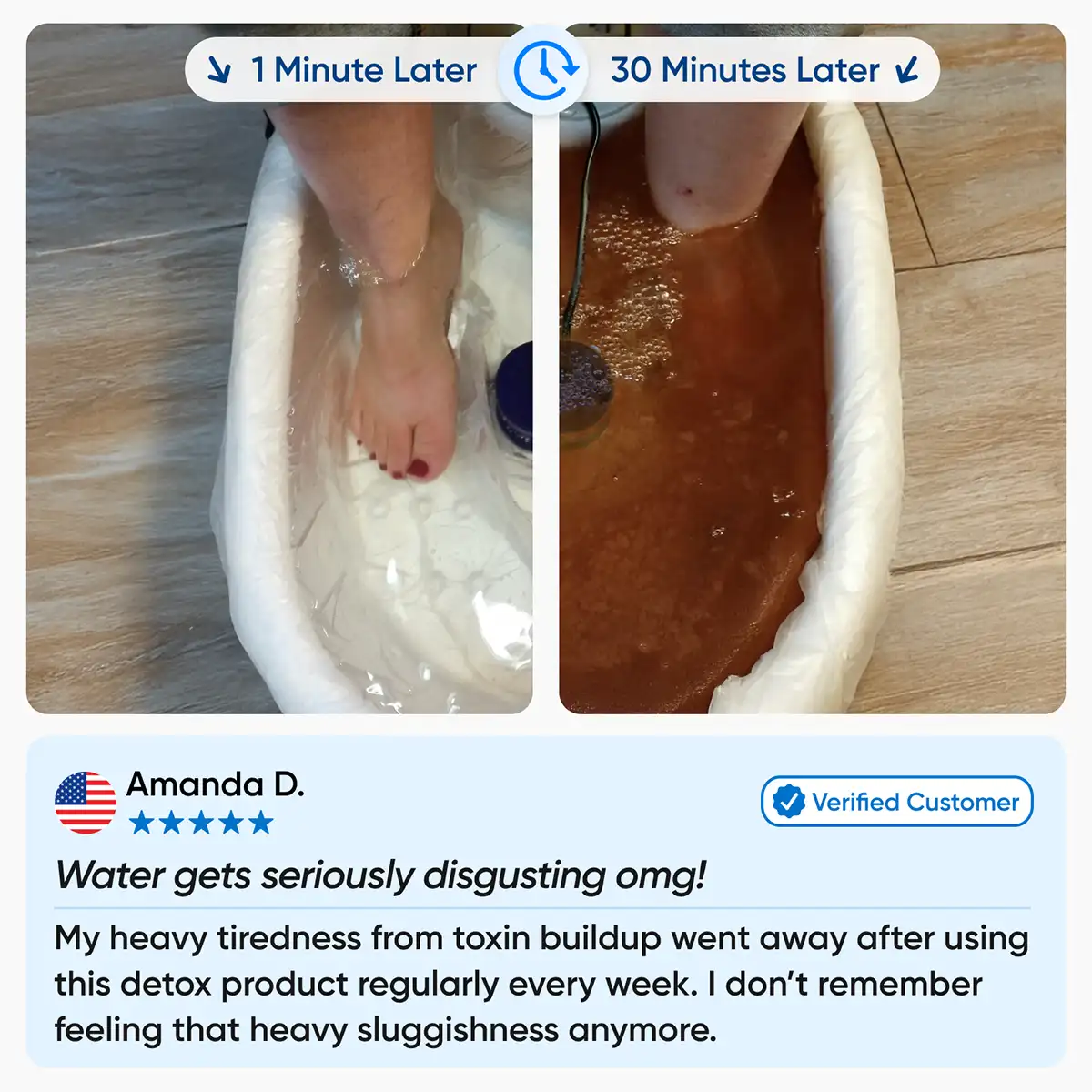 Foot detox before and after: water at 1 minute versus 30 minutes later, with a five-star verified customer review from Amanda D.